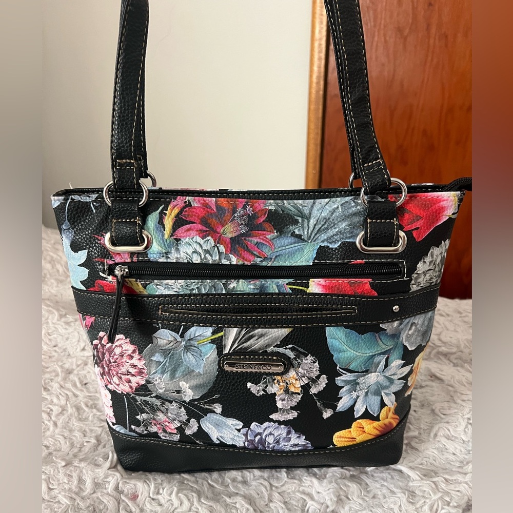 Floral Tote Handbag with Black Trim